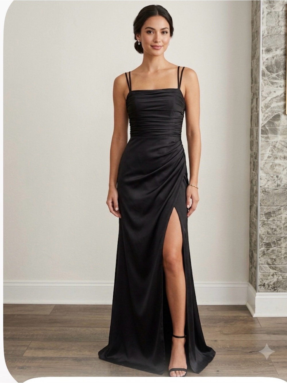 Azarie Elegant Black Ruched Satin Evening Dress with Thigh Slit